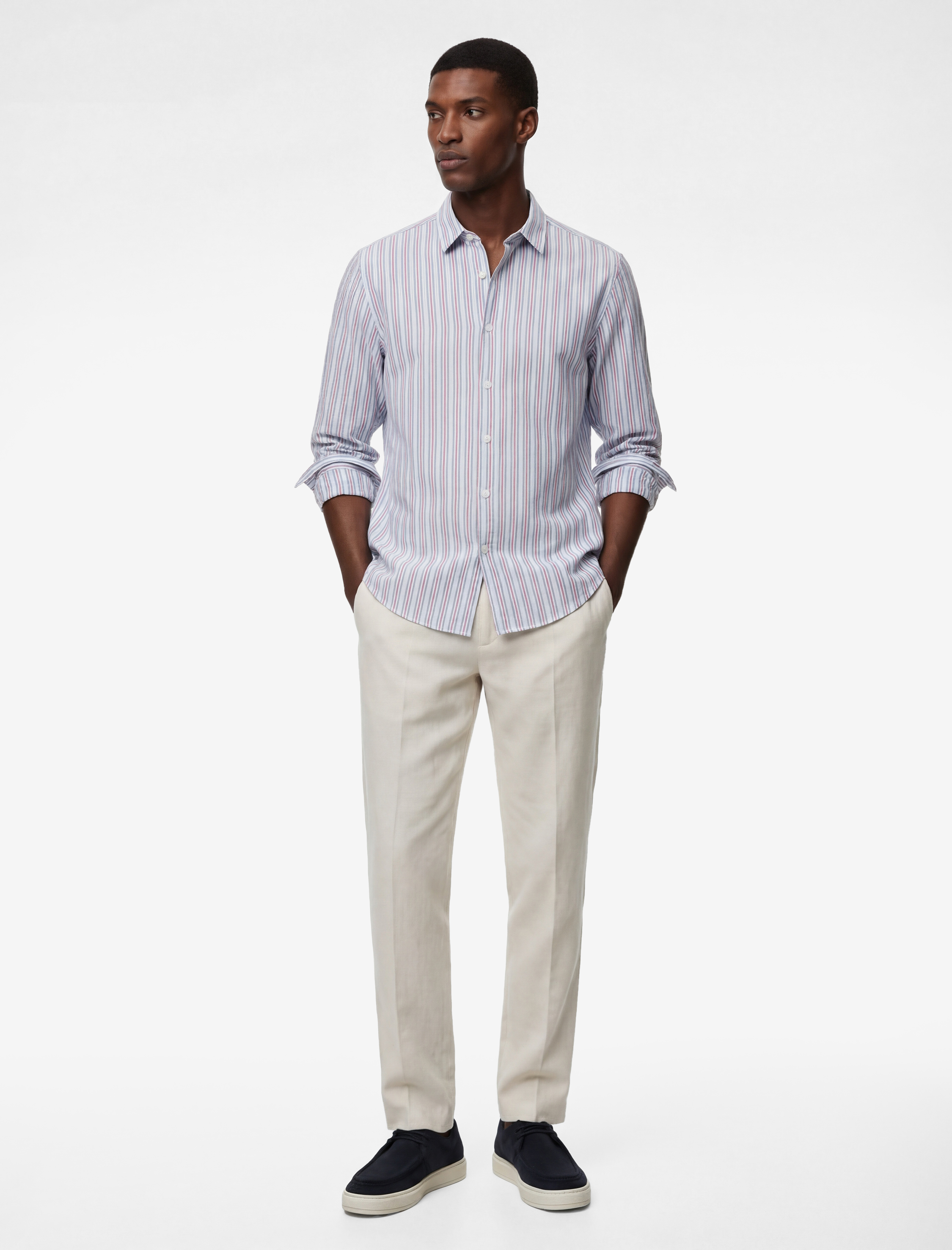   Regular Fit Klasik Yaka Poplin Pamuklu Uzun Kollu Çizgili Gömlek