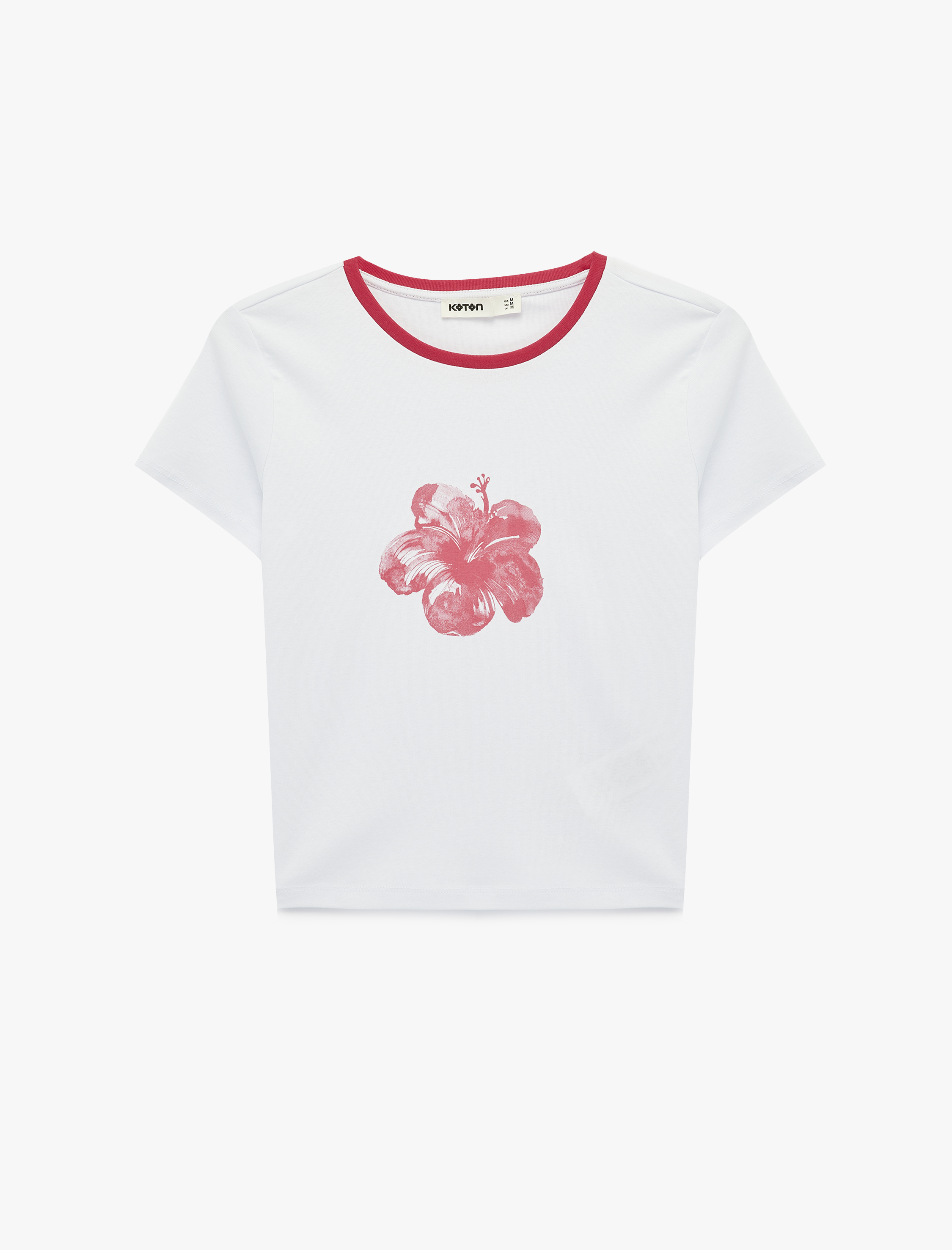   Pamuklu Slim Fit Kısa Kollu Bisiklet Yaka Hibiskus Çiçeği Baskılı Tişört