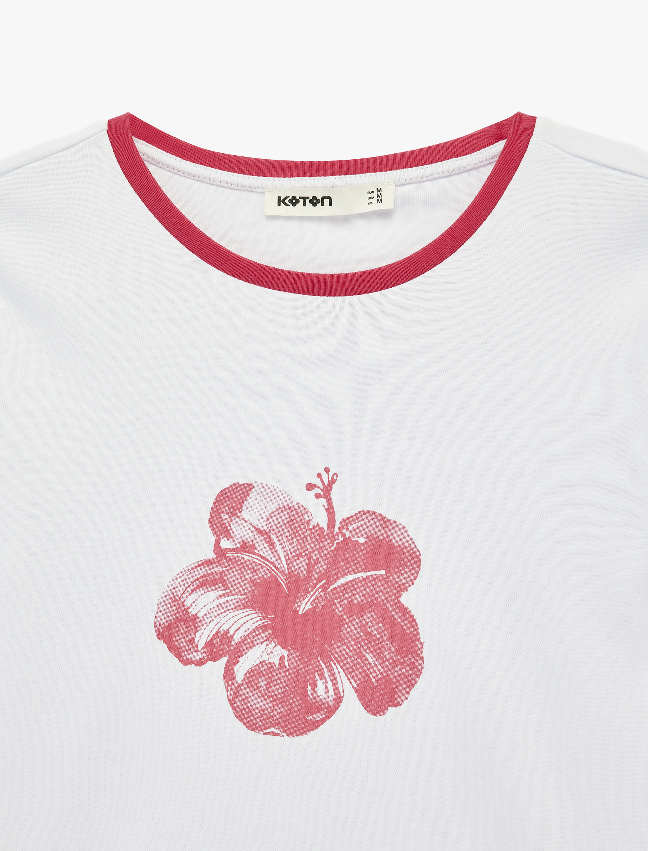   Pamuklu Slim Fit Kısa Kollu Bisiklet Yaka Hibiskus Çiçeği Baskılı Tişört