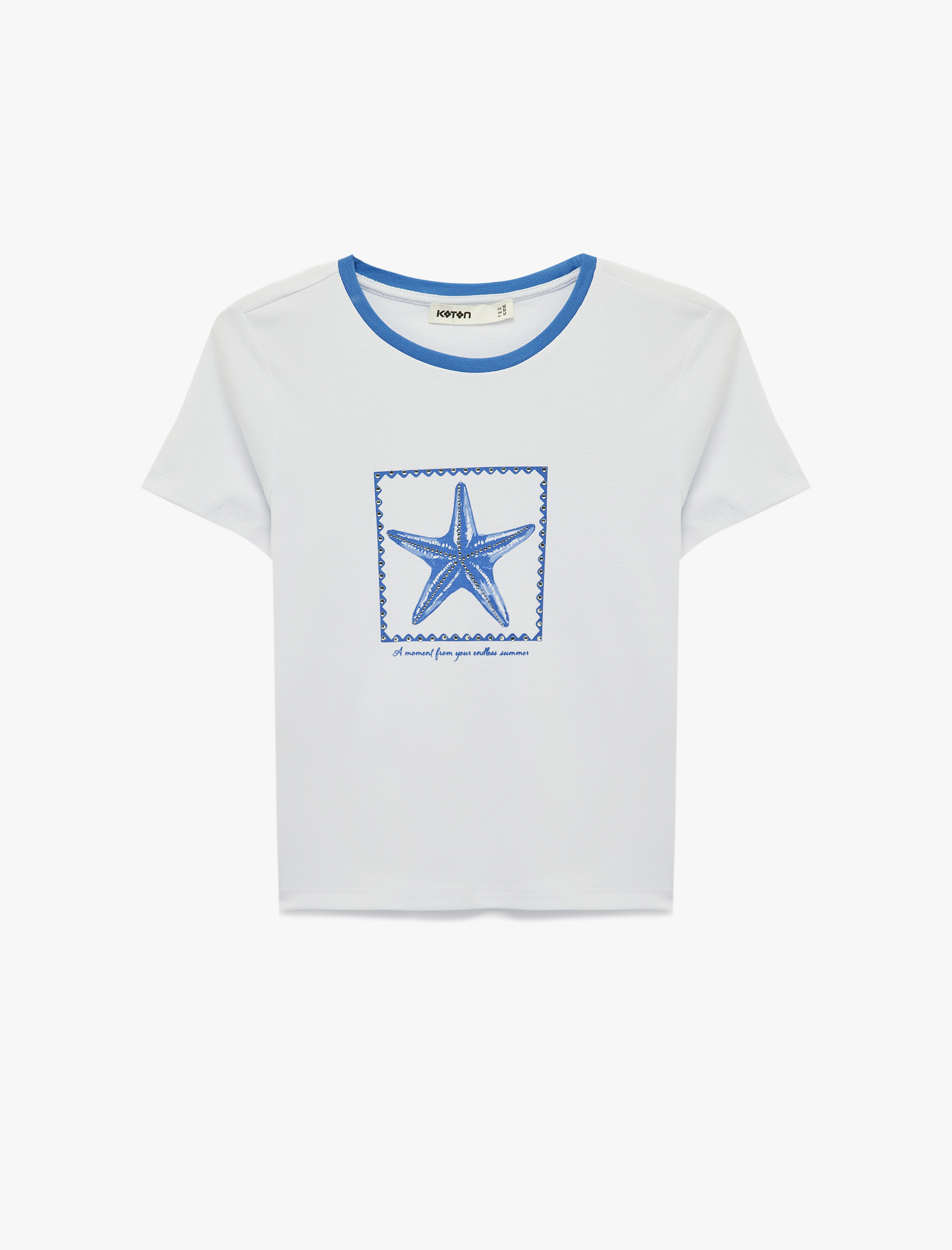   Pamuklu Kısa Kollu Bisiklet Yaka Taşlı Deniz Kabuğu Baskılı Tişört