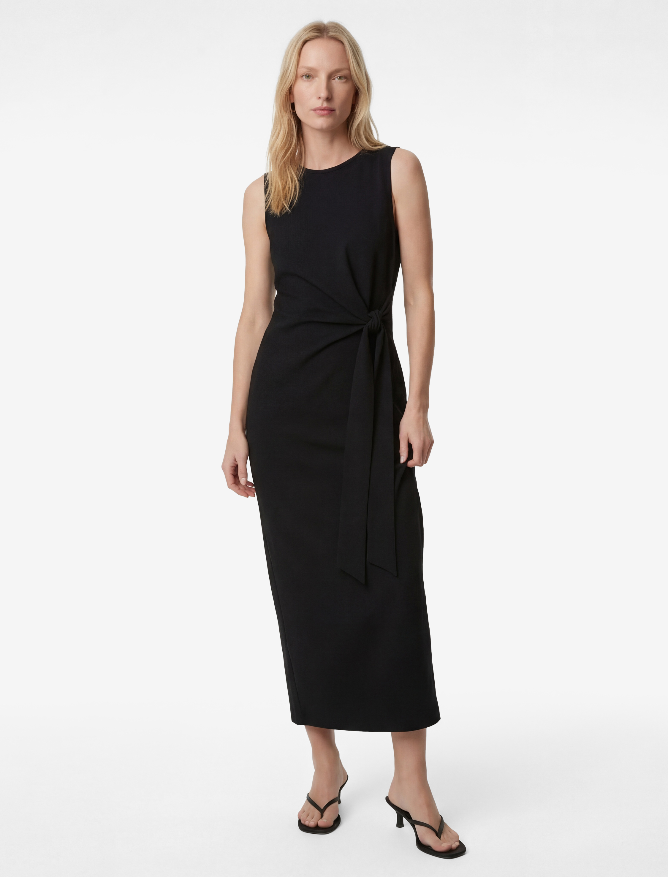   Krep Scuba Kumaş Bisiklet Yaka Kolsuz Bağlama Detaylı Midi Elbise