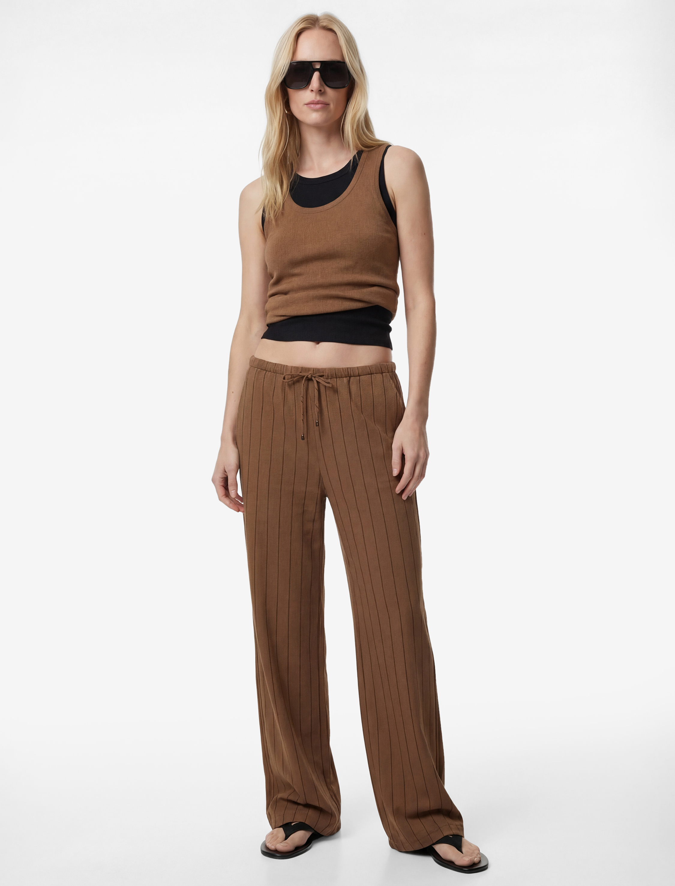 Beli Bağlamalı Modal Kumaş Cepli Geniş Paça Çizgili Pantolon - Görsel 2