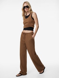 Beli Bağlamalı Modal Kumaş Cepli Geniş Paça Çizgili Pantolon