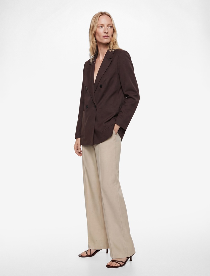  Uzun Kollu Modal Cep Detaylı Düğmeli Kruvaze Yaka Blazer Ceket