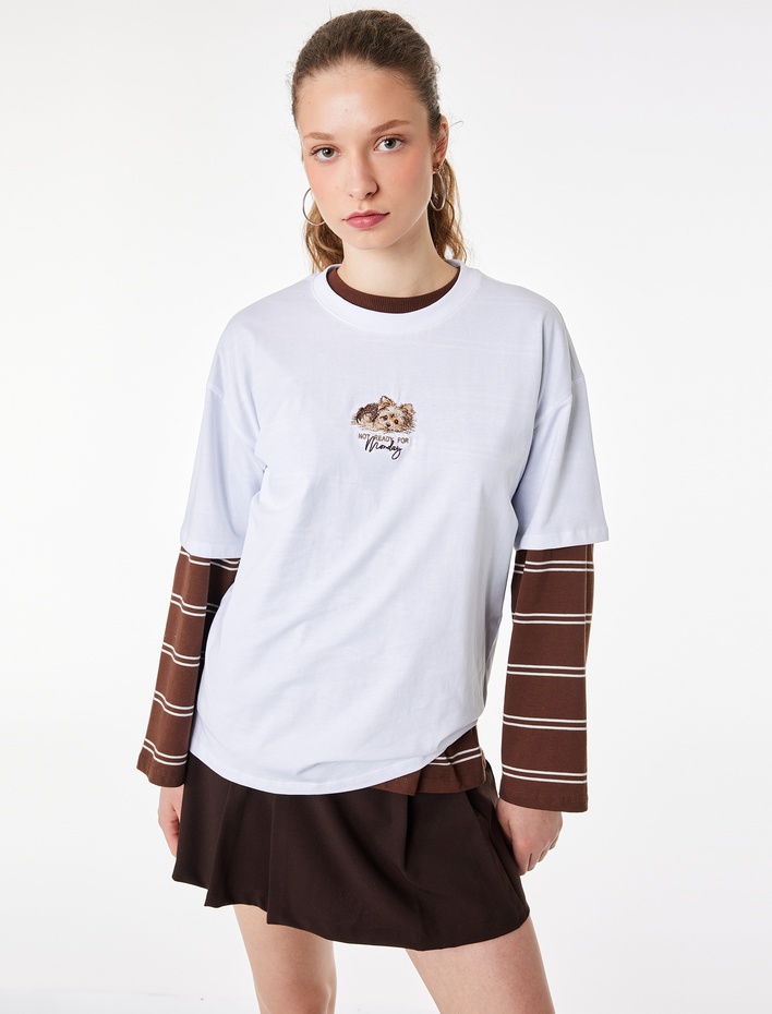  Rahat Kalıp Kısa Kollu Köpek Nakışlı Bisiklet Yaka Pamuklu Tişört