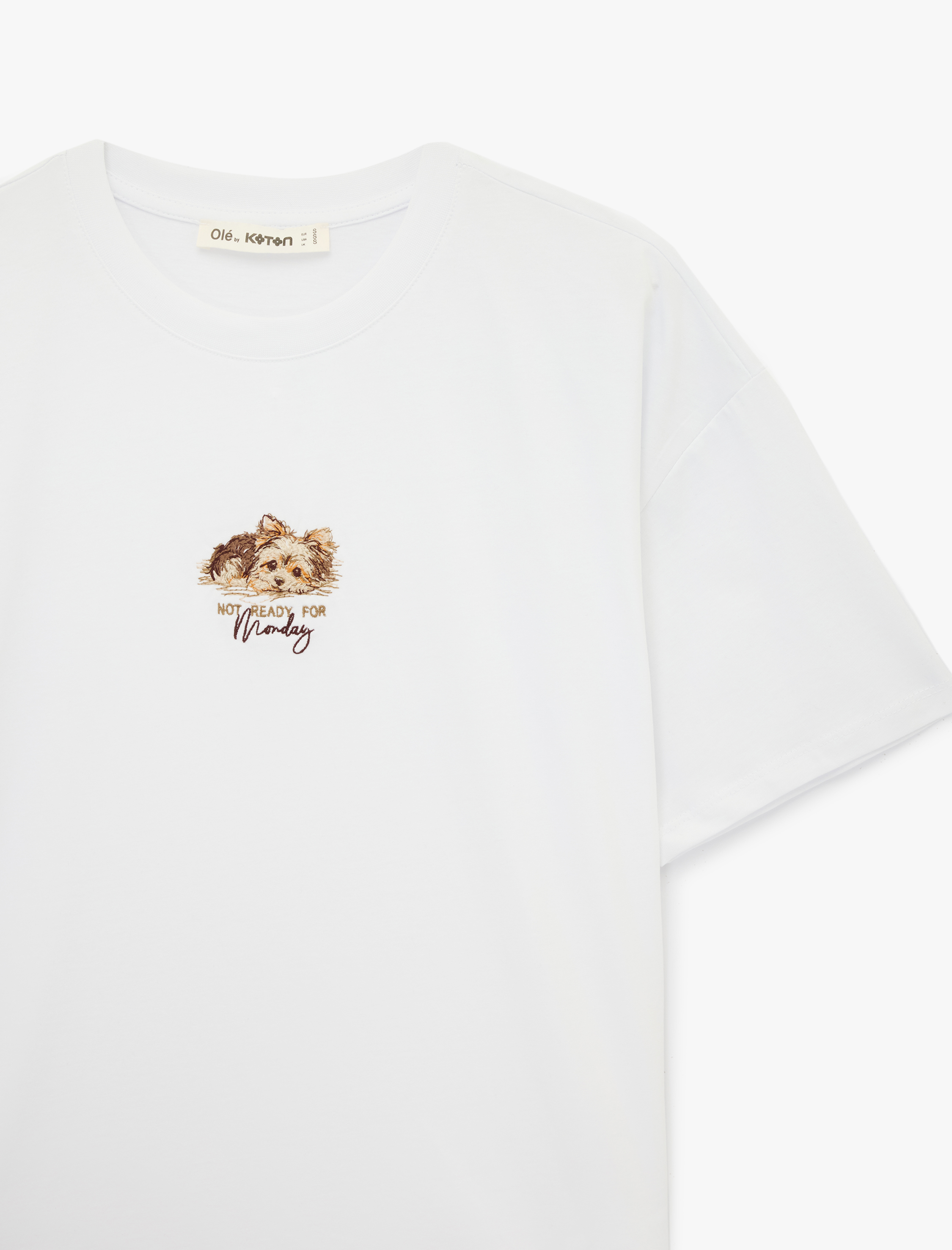   Rahat Kalıp Kısa Kollu Köpek Nakışlı Bisiklet Yaka Pamuklu Tişört