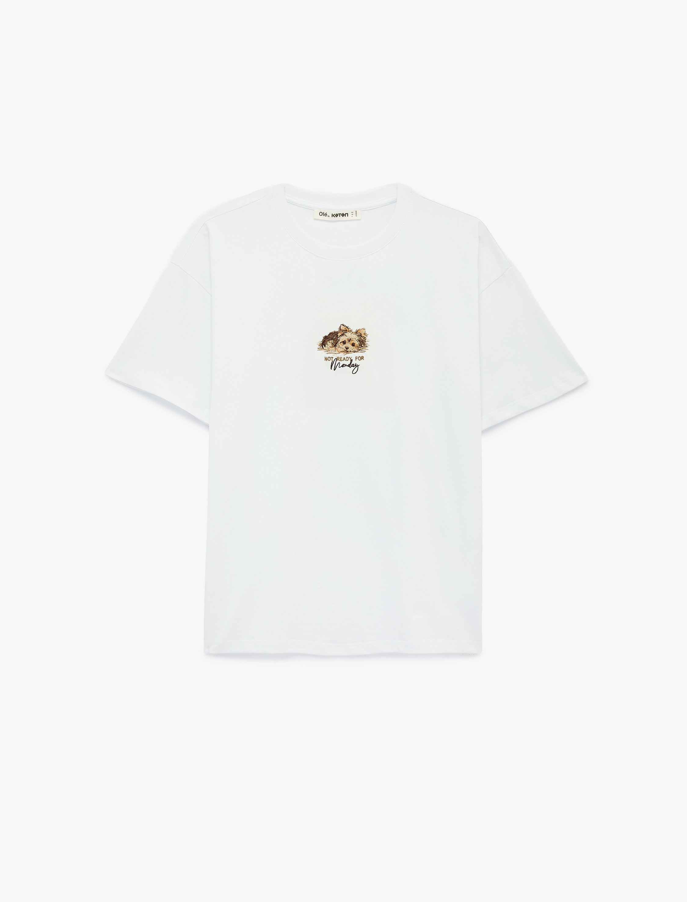   Rahat Kalıp Kısa Kollu Köpek Nakışlı Bisiklet Yaka Pamuklu Tişört