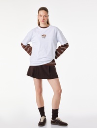 Rahat Kalıp Kısa Kollu Köpek Nakışlı Bisiklet Yaka Pamuklu Tişört