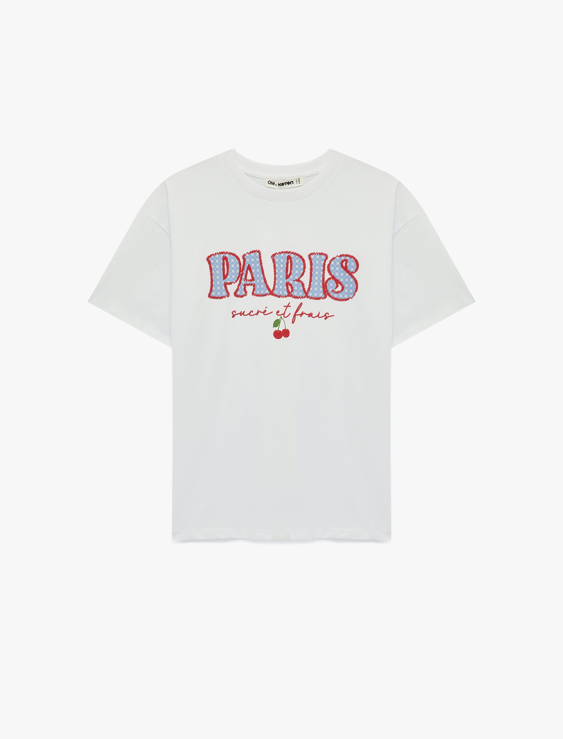   Rahat Kalıp Kısa Kollu Bisiklet Yaka Kiraz Nakışlı Tişört