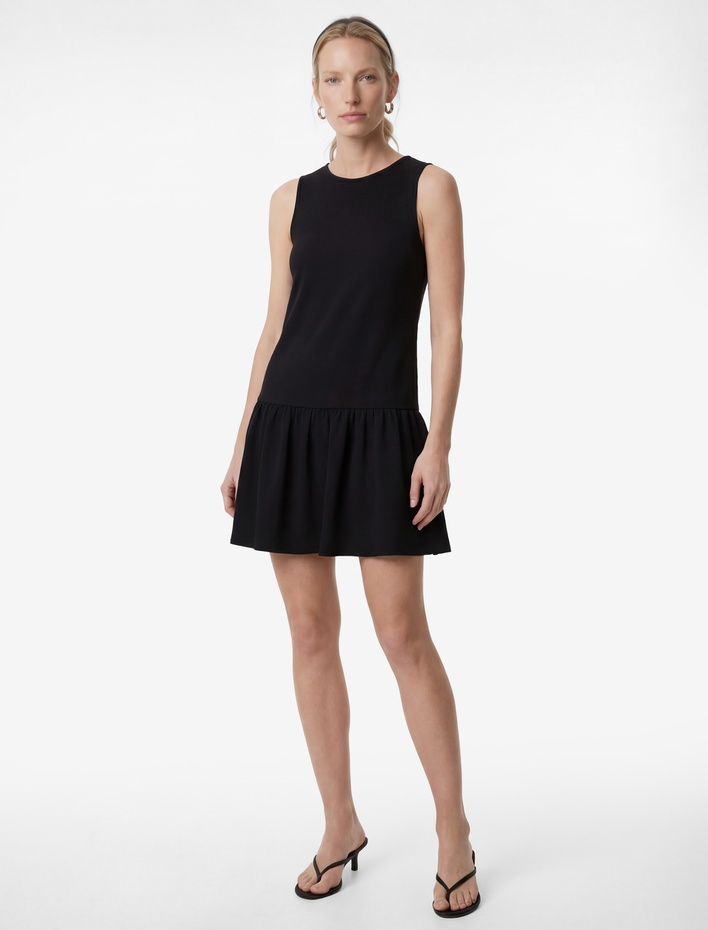  Krep Scuba Kumaş Bisiklet Yaka Kolsuz Fırfırlı Midi Elbise