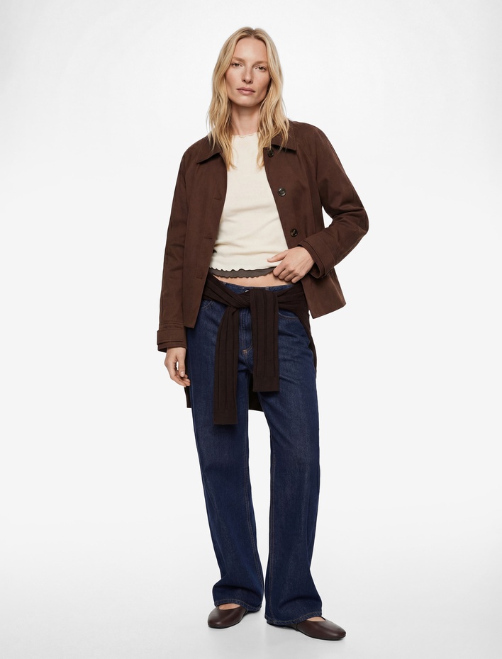  Uzun Kollu Düğmeli Cepli Kemerli Kısa Gabardin Trençkot