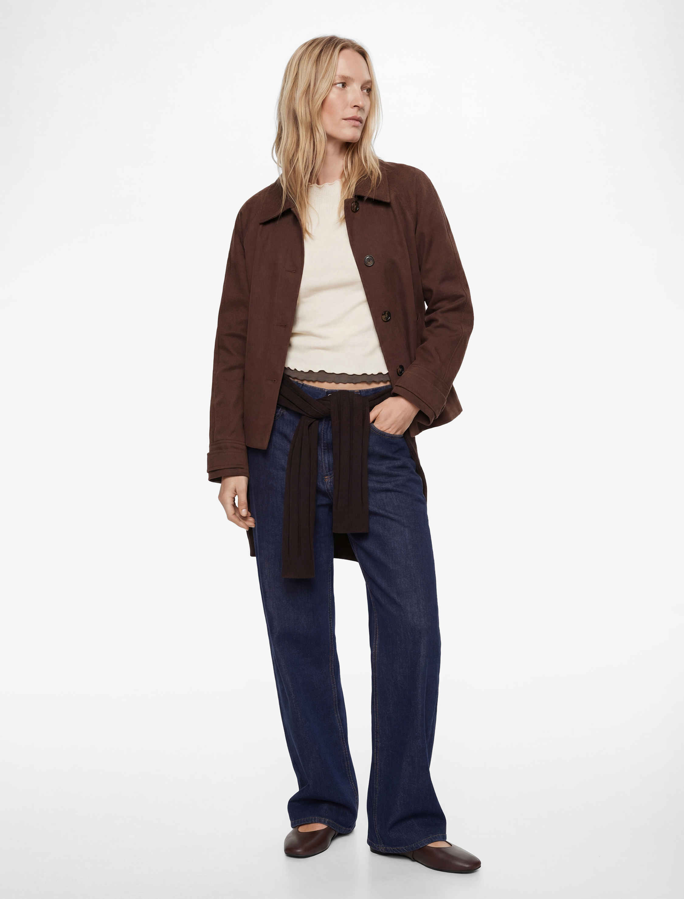   Uzun Kollu Düğmeli Cepli Kemerli Kısa Gabardin Trençkot