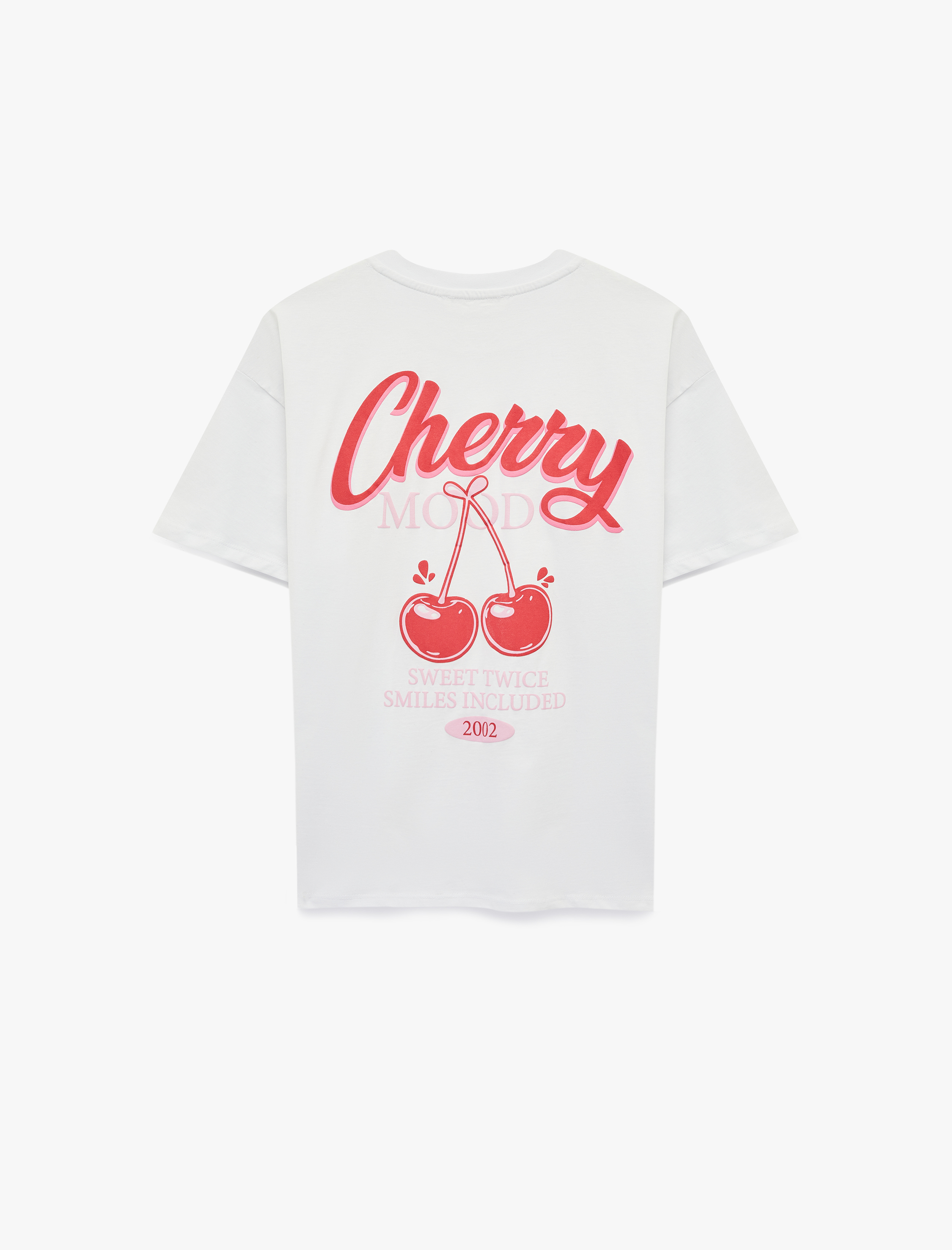   Rahat Kalıp Kısa Kollu Bisiklet Yaka Arkası Kiraz Baskılı Tişört