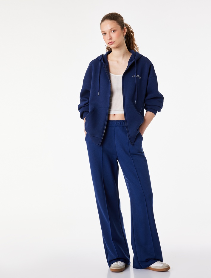  Şardonlu Fermuarlı Kanguru Cepli Taşlı Baskılı Kapüşonlu Sweatshirt