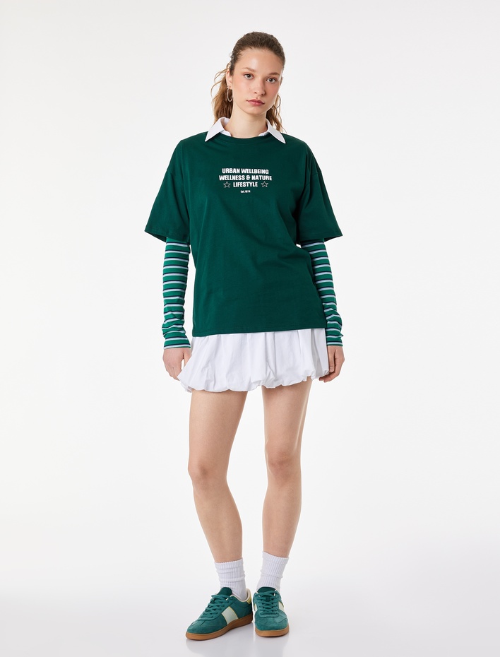  Rahat Kalıp Kısa Kollu Bisiklet Yaka Arkası Baskılı Tişört