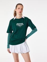 Rahat Kalıp Kısa Kollu Bisiklet Yaka Arkası Baskılı Tişört