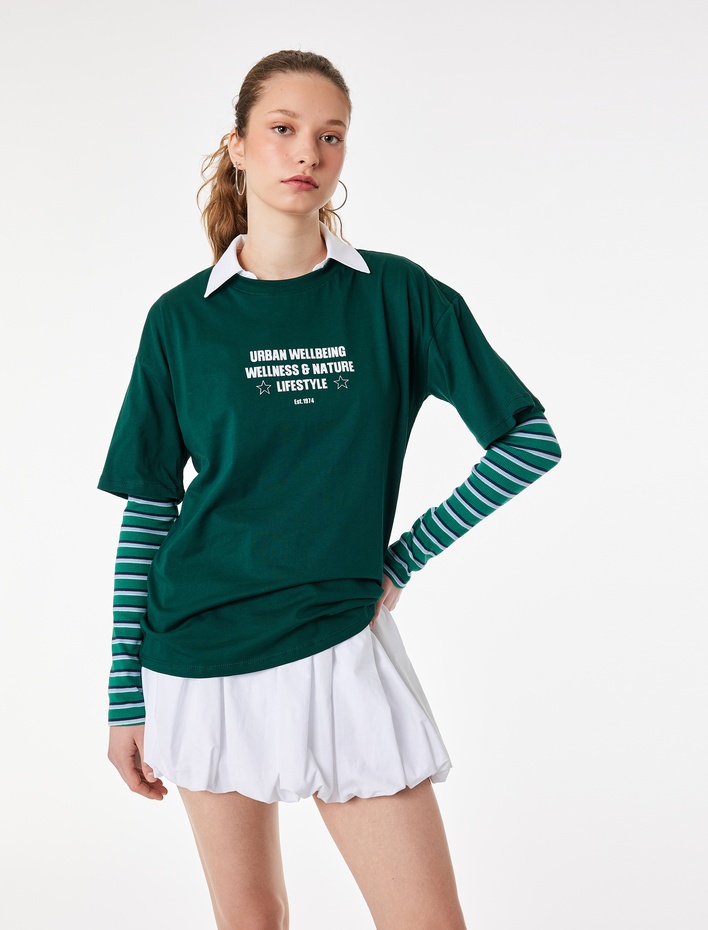  Rahat Kalıp Kısa Kollu Bisiklet Yaka Arkası Baskılı Tişört