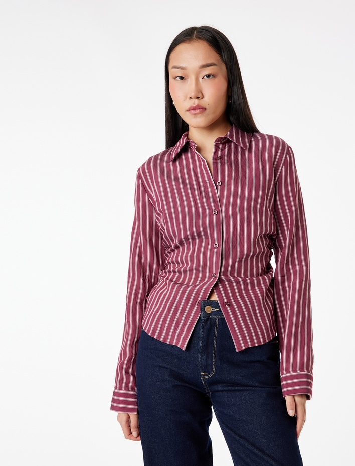  Viskon Karışımlı Yanları Bağlama Detaylı Slim Fit Uzun Kollu Çizgili Gömlek