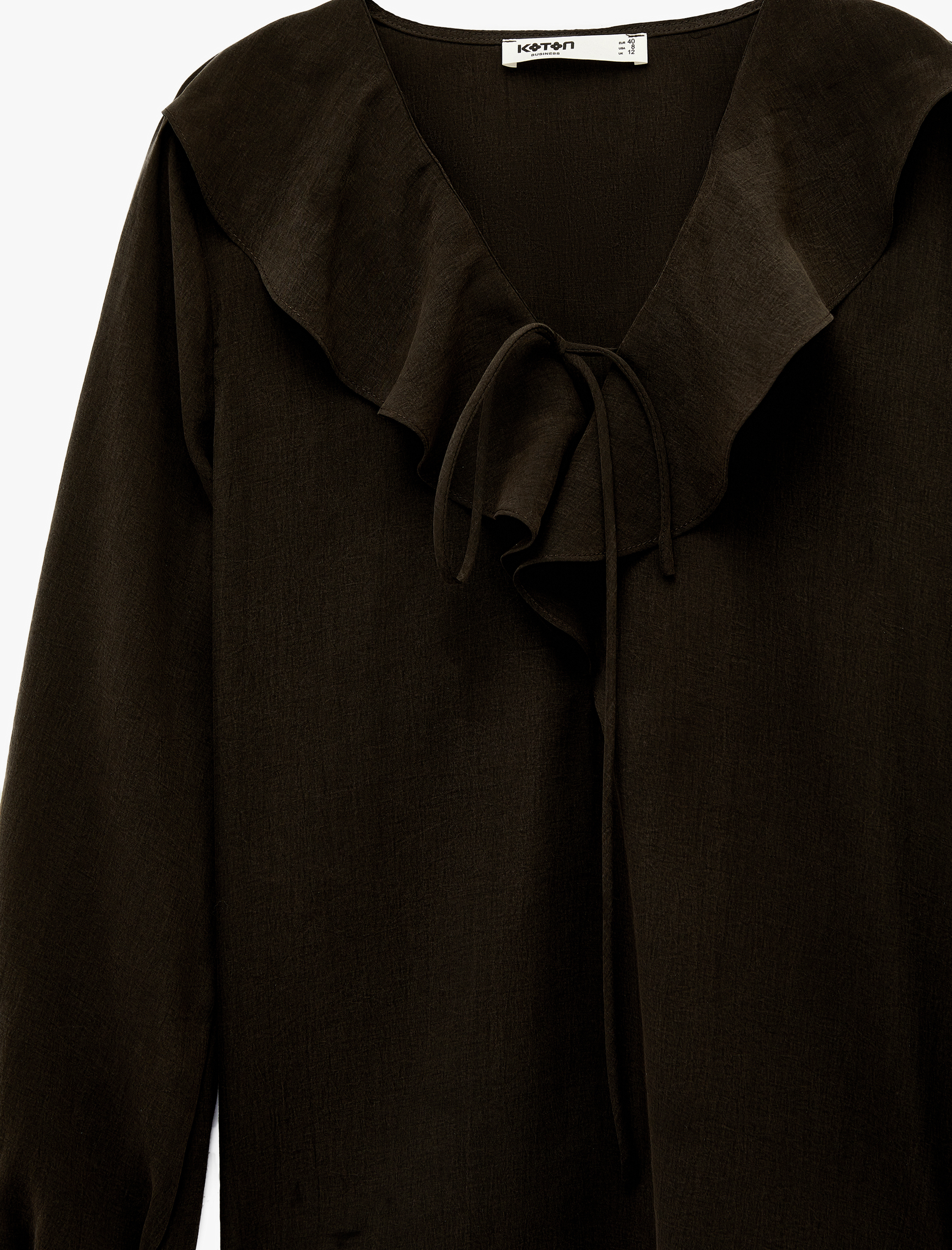   İpli Volan Detaylı Uzun Kollu V Yaka Bluz