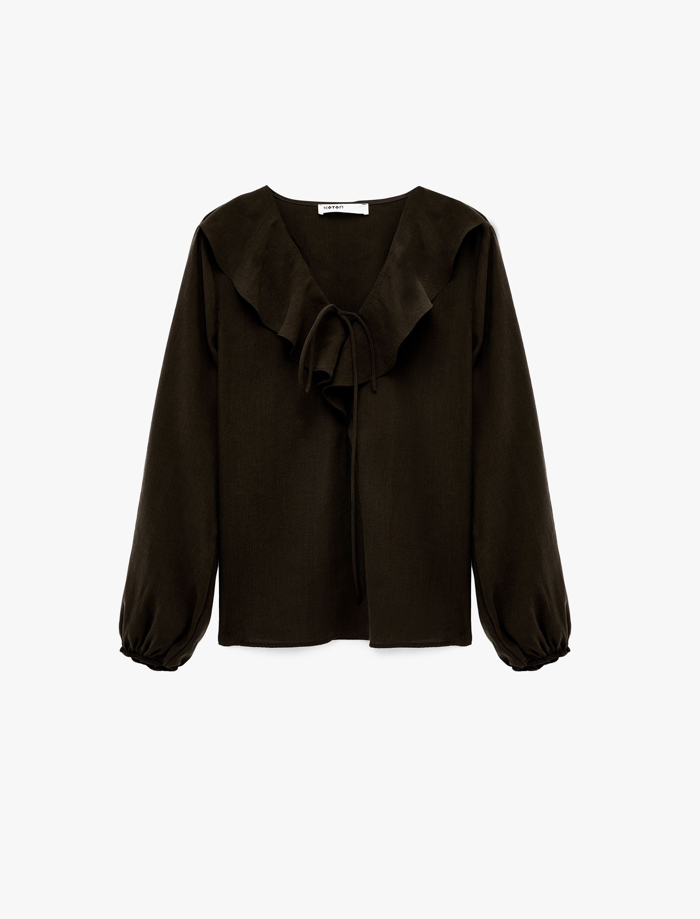   İpli Volan Detaylı Uzun Kollu V Yaka Bluz