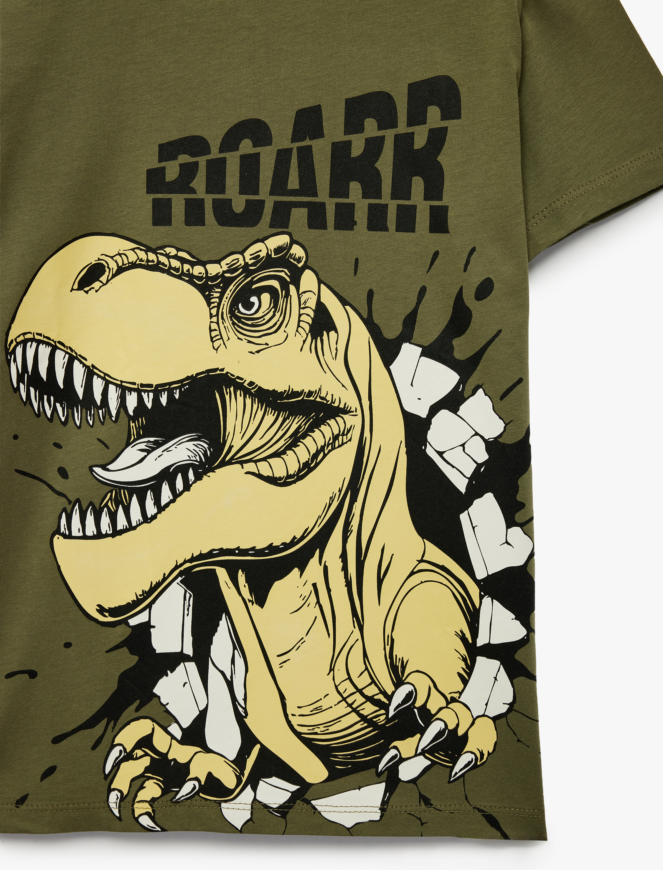 Yeşil Erkek Çocuk Kısa Kollu Bisiklet Yaka Pamuklu Dinozor Baskılı