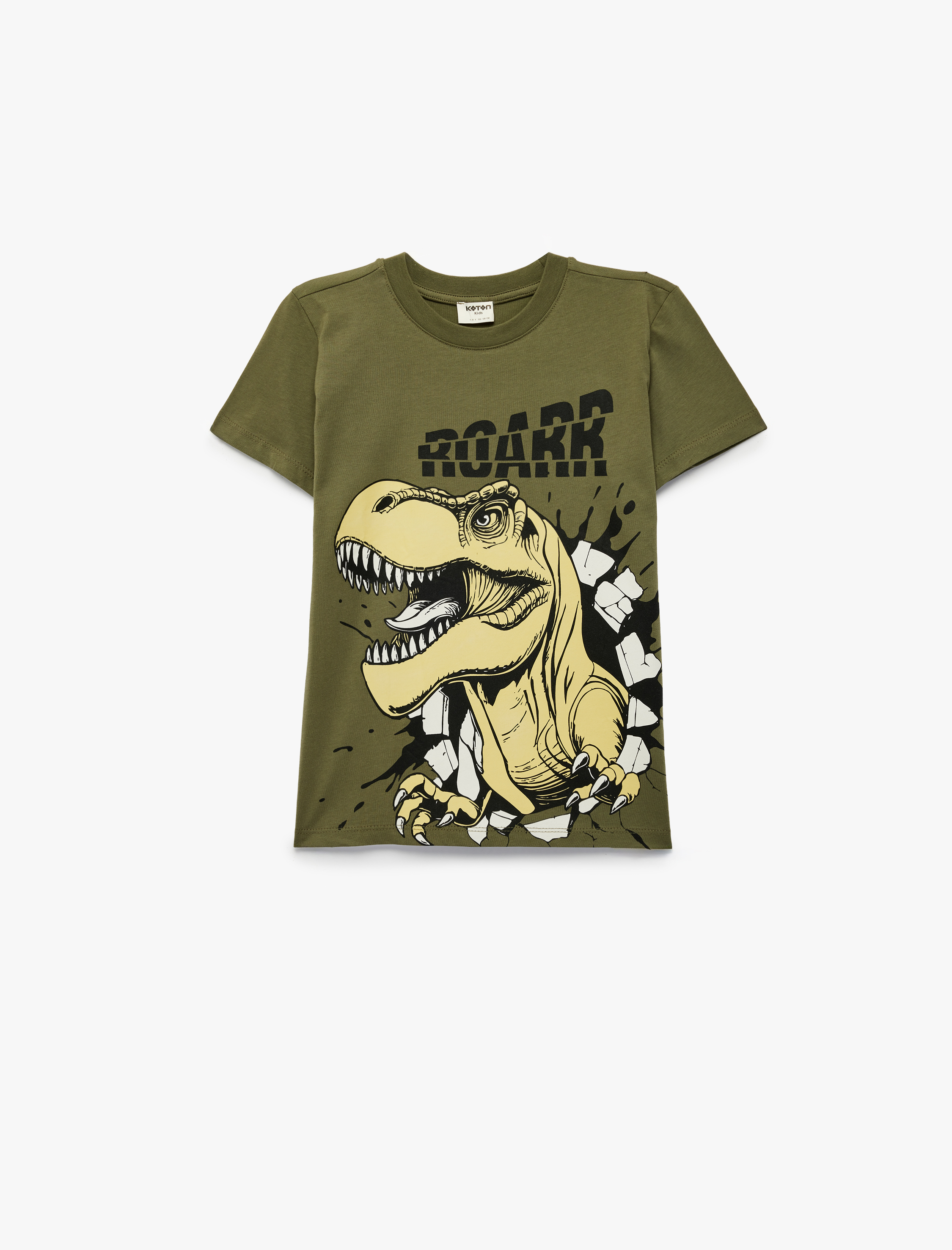 Yeşil Erkek Çocuk Kısa Kollu Bisiklet Yaka Pamuklu Dinozor Baskılı