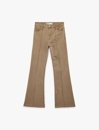 Nervürlü Cepli Düğmeli İspanyol Paça Denim Pantolon - Flare Jeans