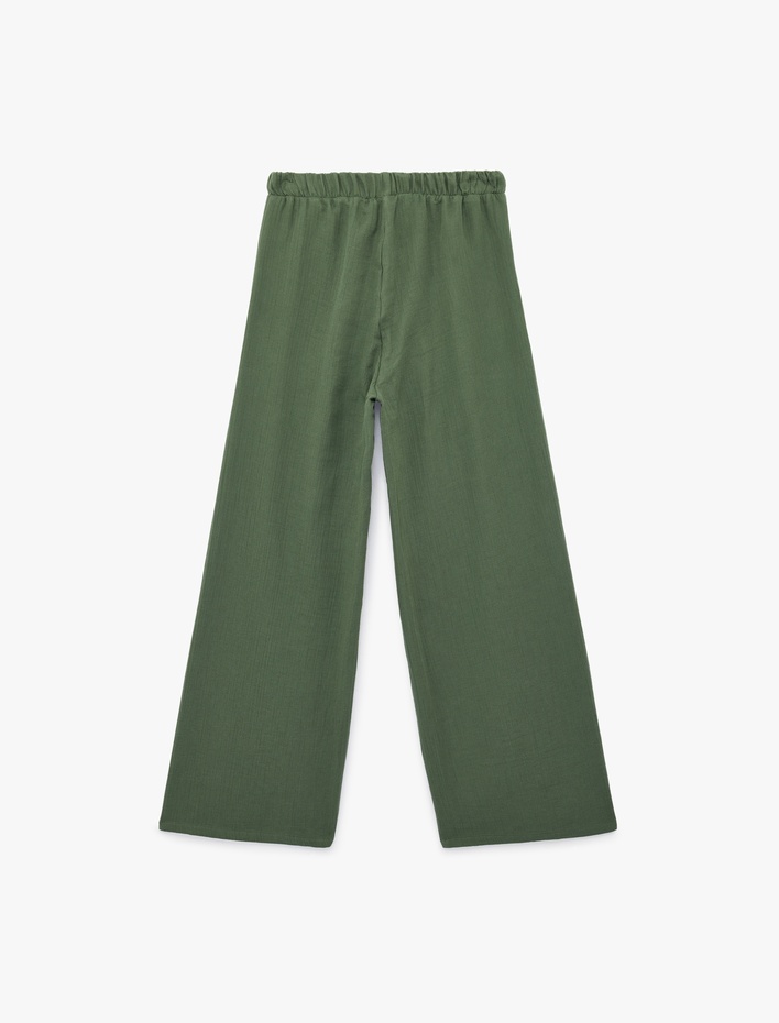  Pamuklu Beli Bağlamalı Geniş Paça Müslin Pantolon