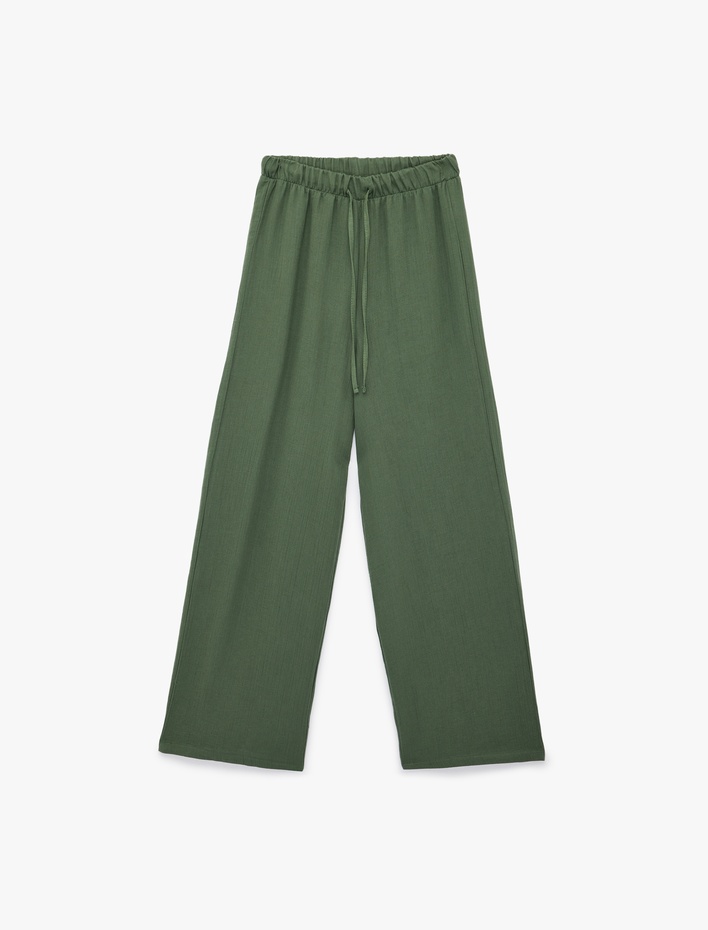  Pamuklu Beli Bağlamalı Geniş Paça Müslin Pantolon