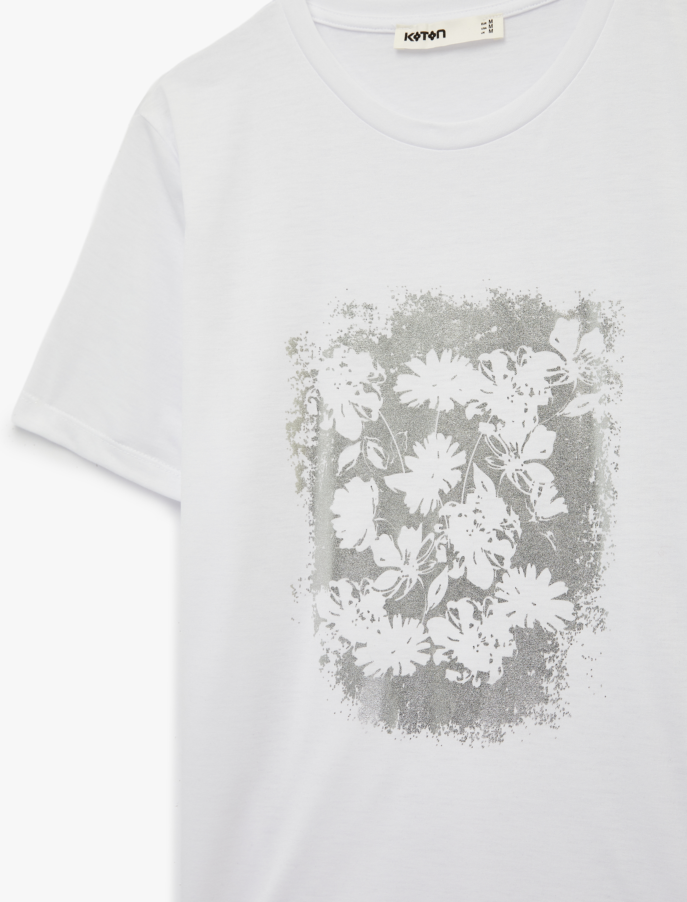   Regular Fit Bisiklet Yaka Kısa Kollu Metalik Baskılı Çiçekli Tişört