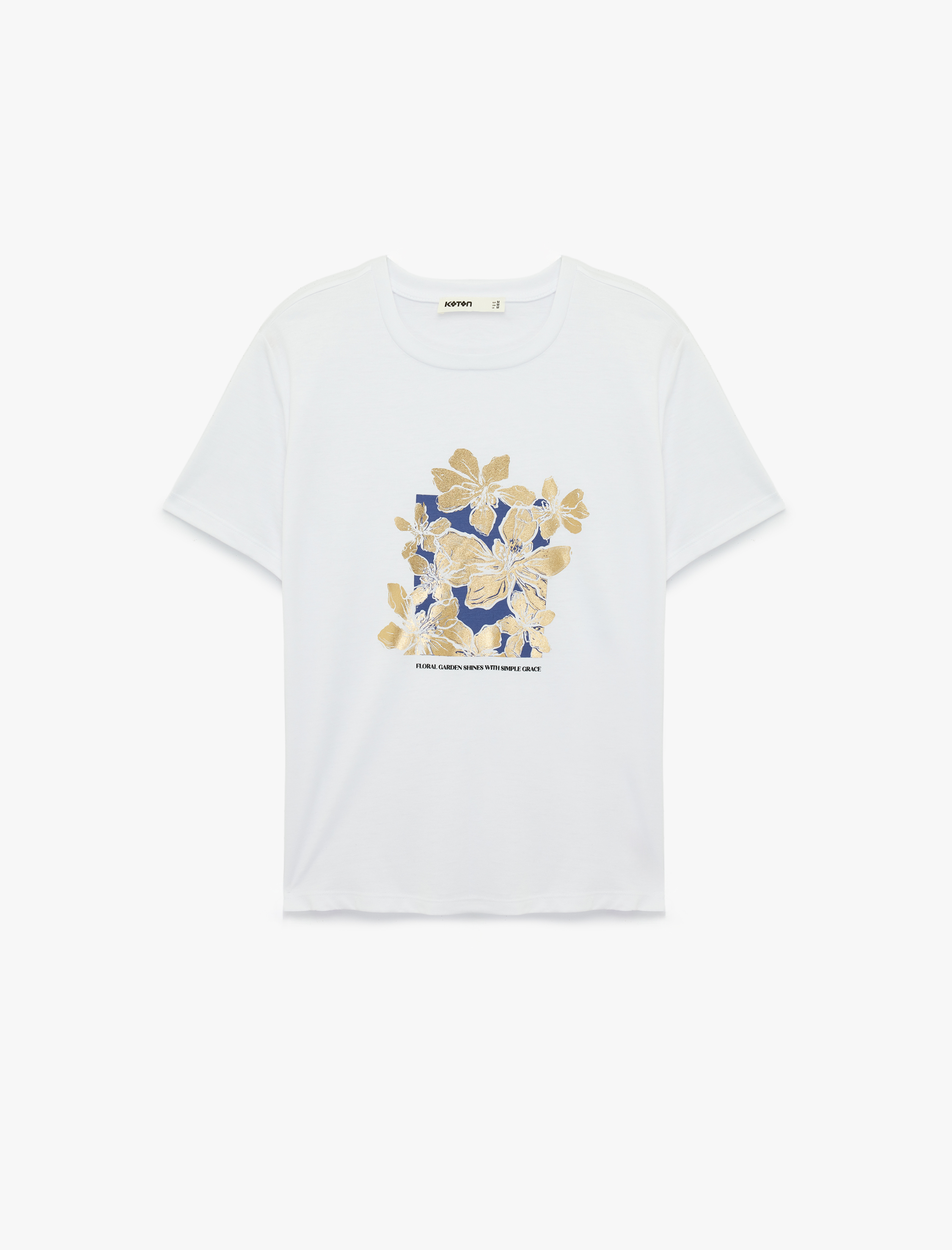   Kısa Kollu Bisiklet Yaka Varak Baskılı Çiçekli Tişört