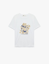 Kısa Kollu Bisiklet Yaka Varak Baskılı Çiçekli Tişört