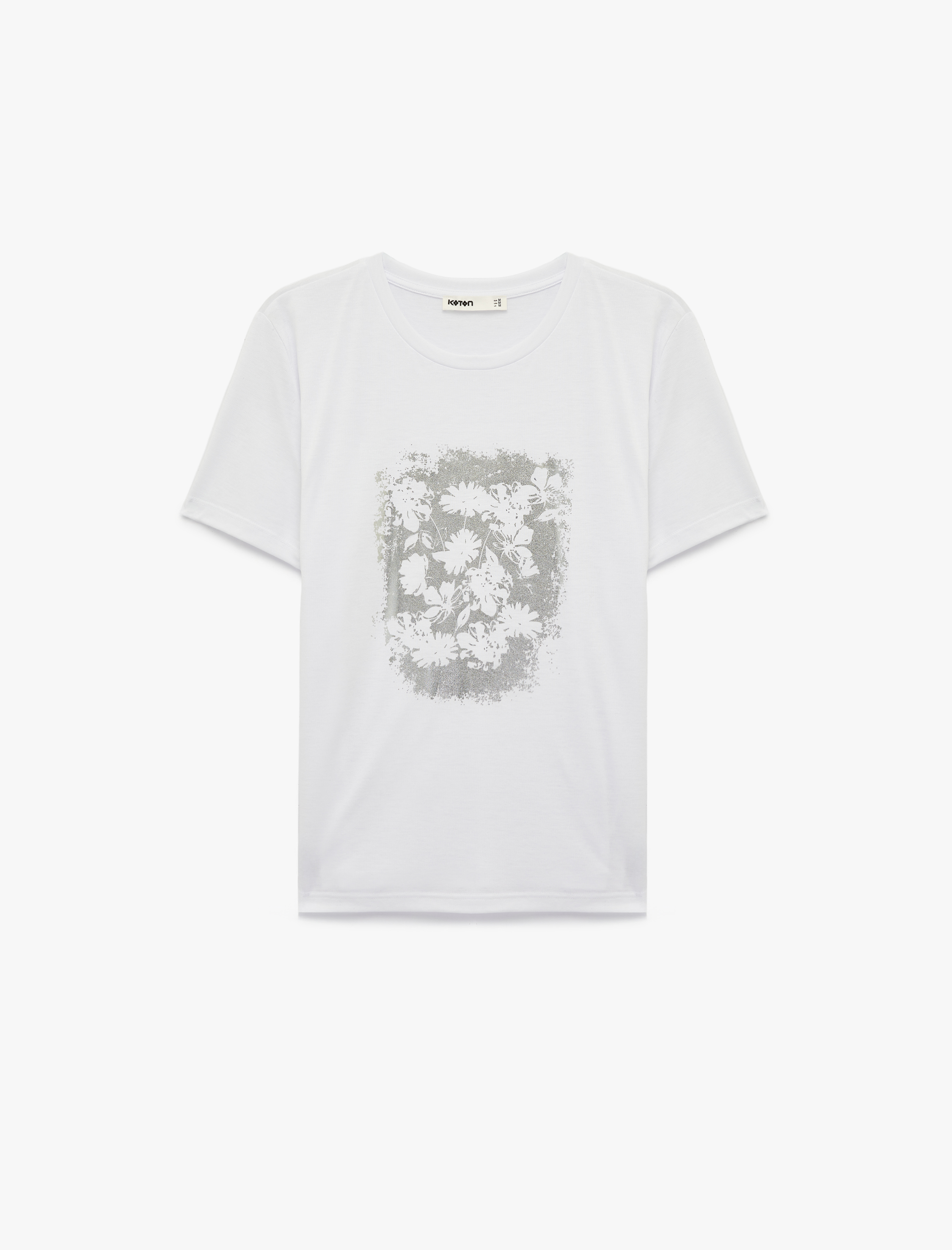   Regular Fit Bisiklet Yaka Kısa Kollu Metalik Baskılı Çiçekli Tişört