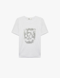 Regular Fit Bisiklet Yaka Kısa Kollu Metalik Baskılı Çiçekli Tişört