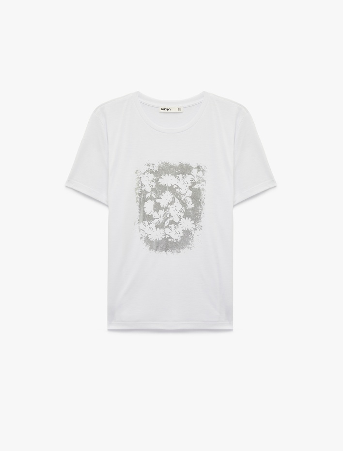  Regular Fit Bisiklet Yaka Kısa Kollu Metalik Baskılı Çiçekli Tişört
