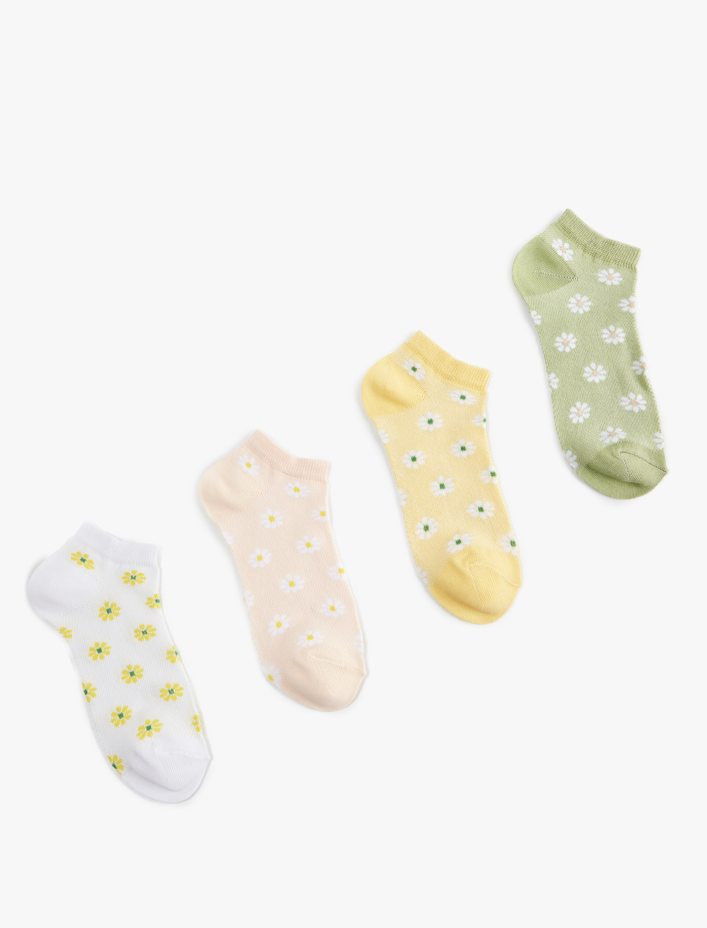  Kadın Çok Renkli Papatya Desenli 4'lü Patik Çorap Seti