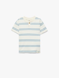 Pamuklu Düğme Detaylı Kısa Kollu Bisiklet Yaka Çizgili Tişört