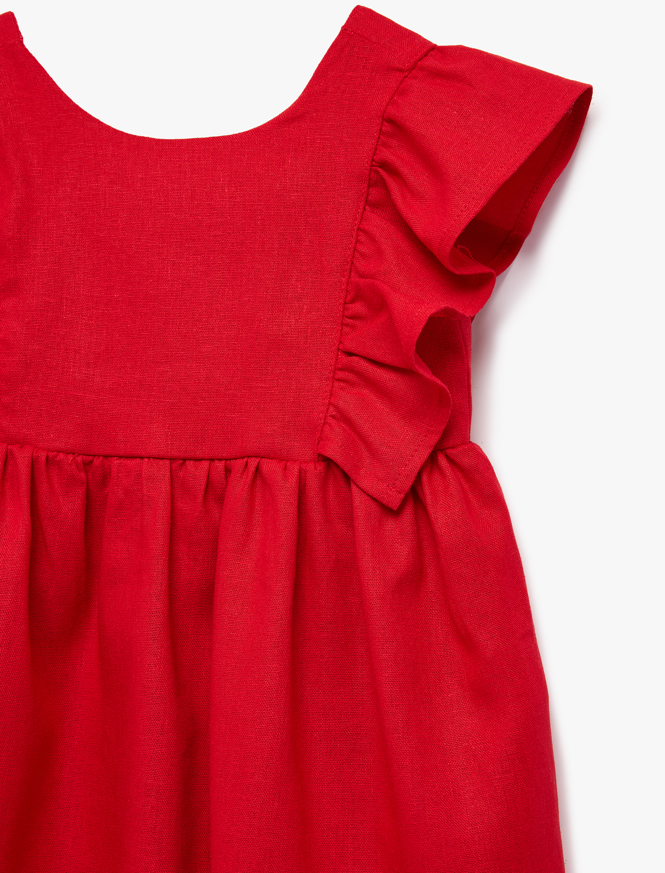  Kız Bebek Yuvarlak Yaka Kolsuz Fırfırlı Keten Elbise