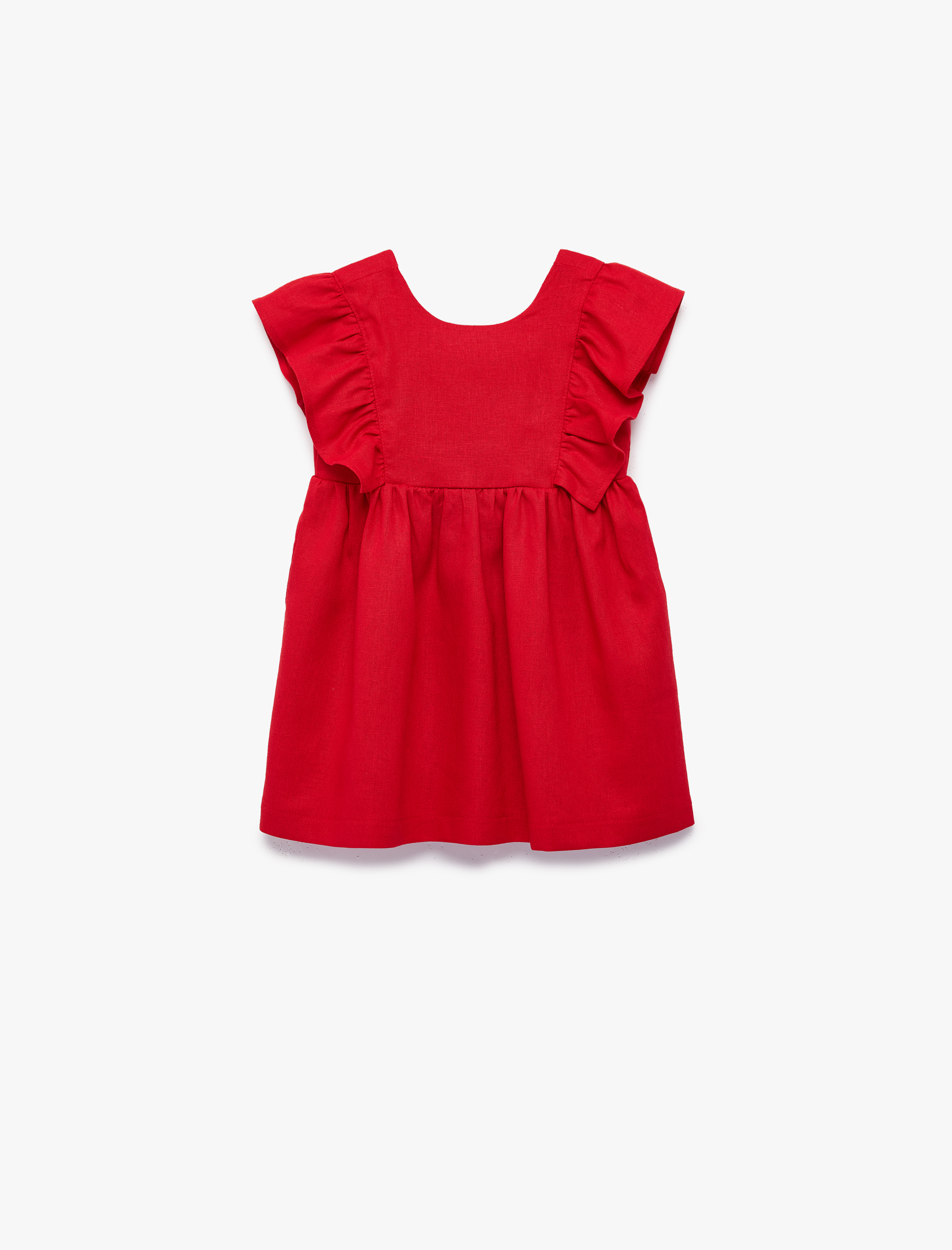  Kız Bebek Yuvarlak Yaka Kolsuz Fırfırlı Keten Elbise