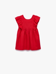 Yuvarlak Yaka Kolsuz Fırfırlı Keten Elbise