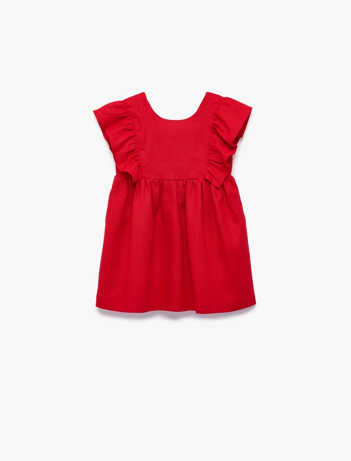Kız Bebek Yuvarlak Yaka Kolsuz Fırfırlı Keten Elbise
