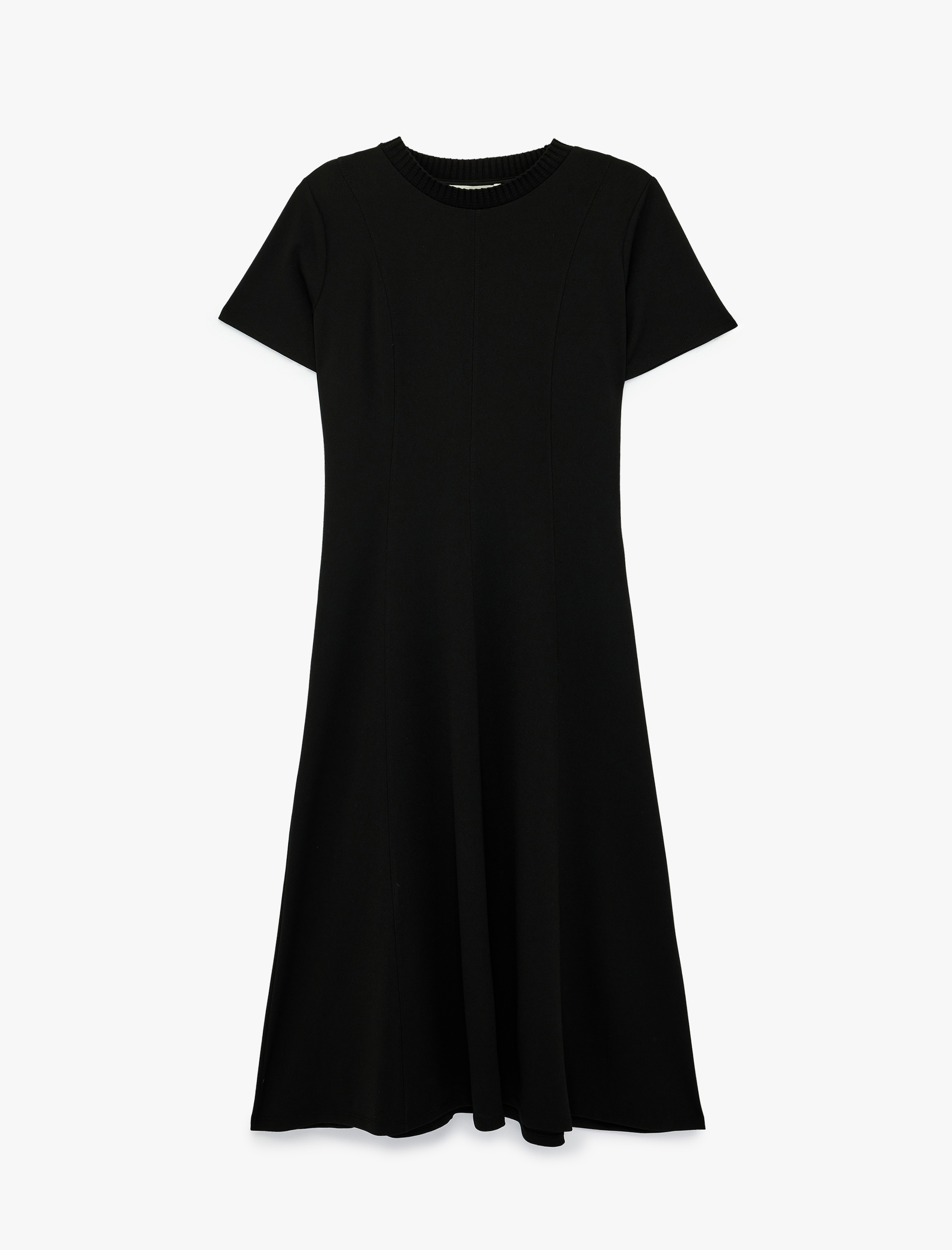   Krep Scuba Kumaş Slim Fit Kısa Kollu Bisiklet Yaka Midi Kloş Elbise