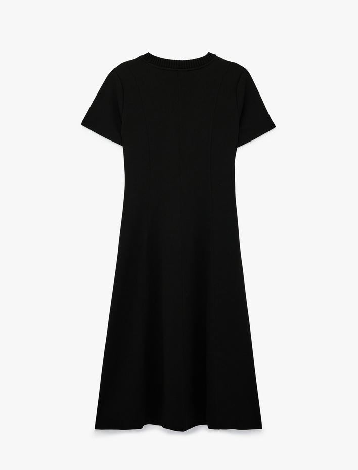  Krep Scuba Kumaş Slim Fit Kısa Kollu Bisiklet Yaka Midi Kloş Elbise