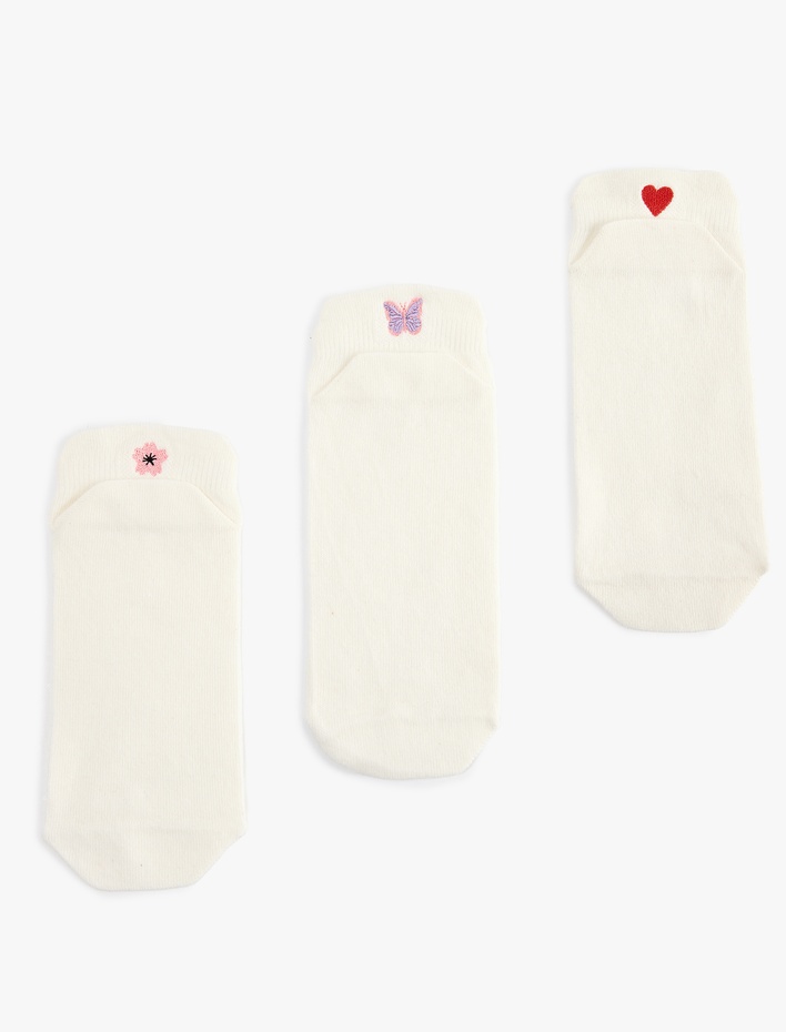 Kadın Çok Renkli İşlemeli Pamuklu 3'lü Patik Çorap Seti