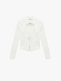 Uzun Kollu Fermuarlı Slim Fit Crop Gömlek