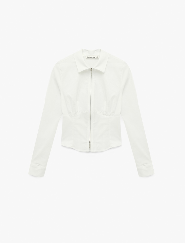  Uzun Kollu Fermuarlı Slim Fit Crop Gömlek