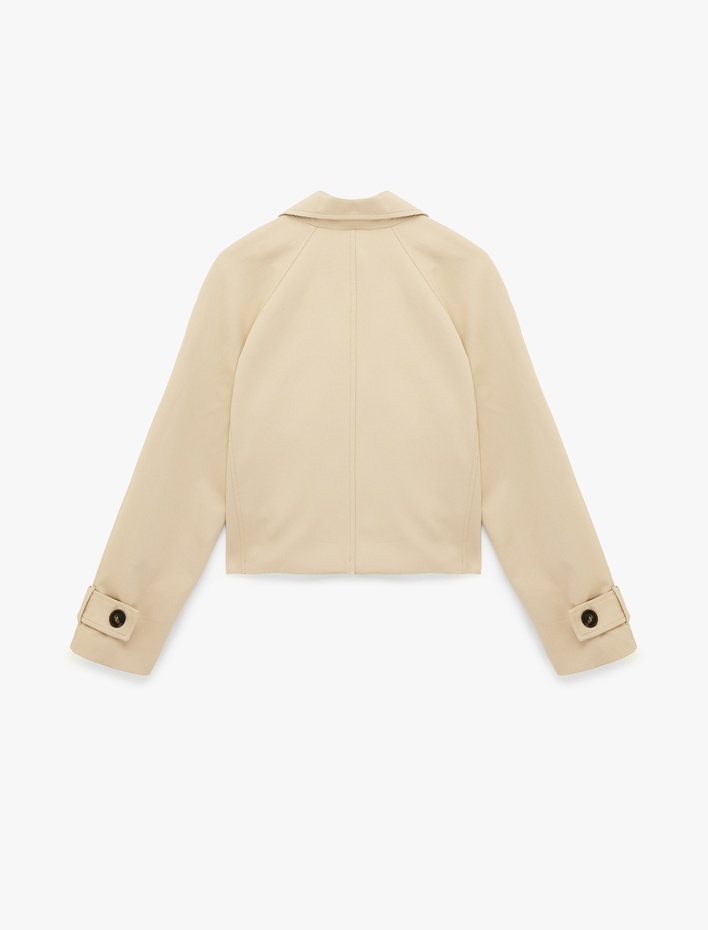  Pamuklu Uzun Kollu Düğmeli Cepli Kruvaze Kısa Gabardin Trençkot