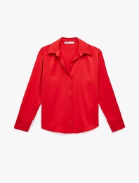 Klasik Yaka Uzun Kollu Rahat Kalıp Düğmeli Saten Gömlek