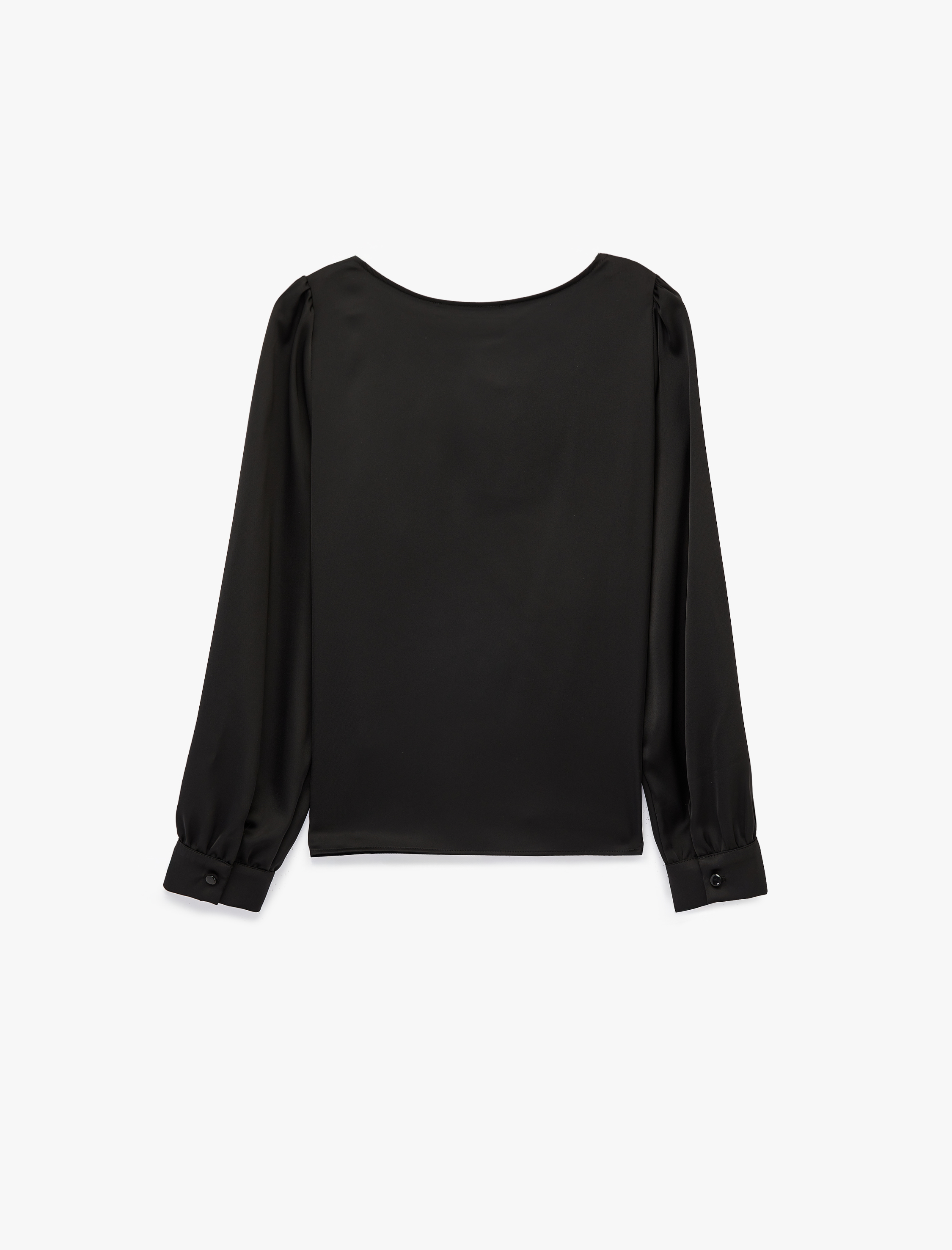   Dökümlü Şal Yaka Metal Aksesuarlı İnci Detaylı Uzun Kollu Saten Bluz