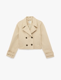 Pamuklu Uzun Kollu Düğmeli Cepli Kruvaze Kısa Gabardin Trençkot